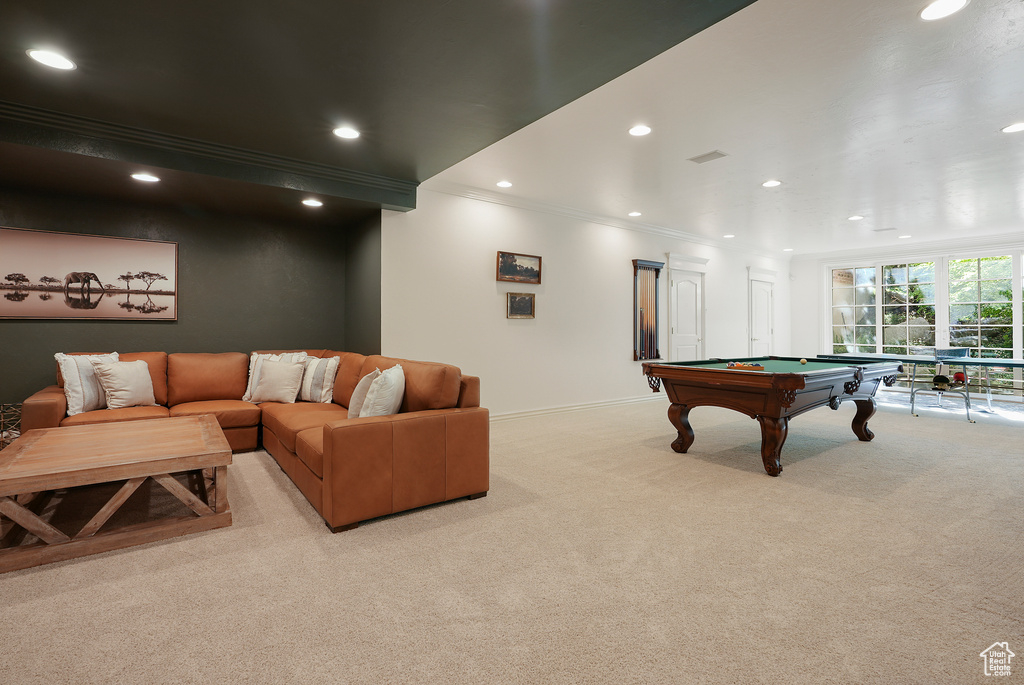 Rec room featuring light carpet, crown molding, billiards, recessed lighting, and baseboards