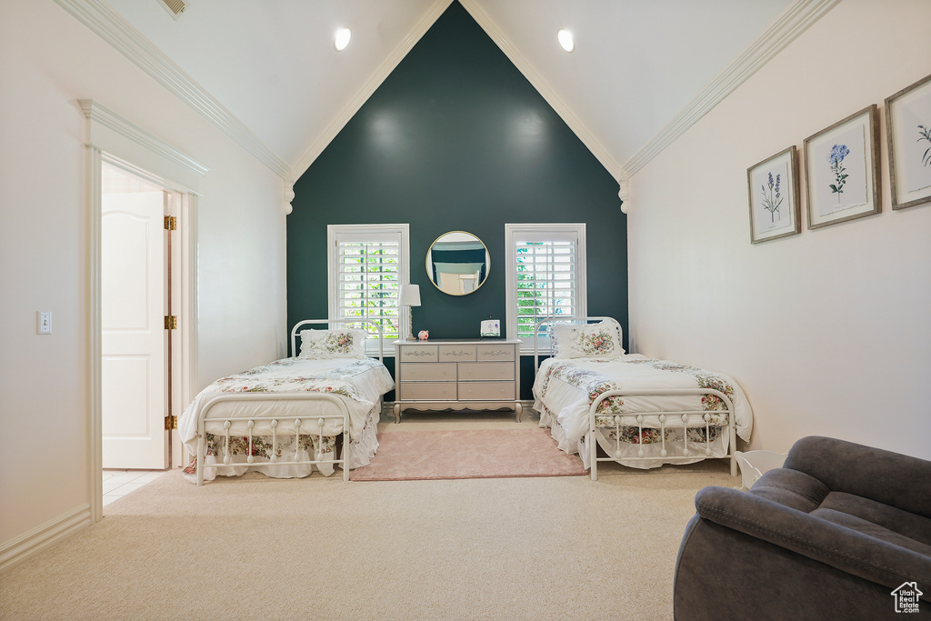 Bedroom featuring carpet floors, crown molding, and high vaulted ceiling