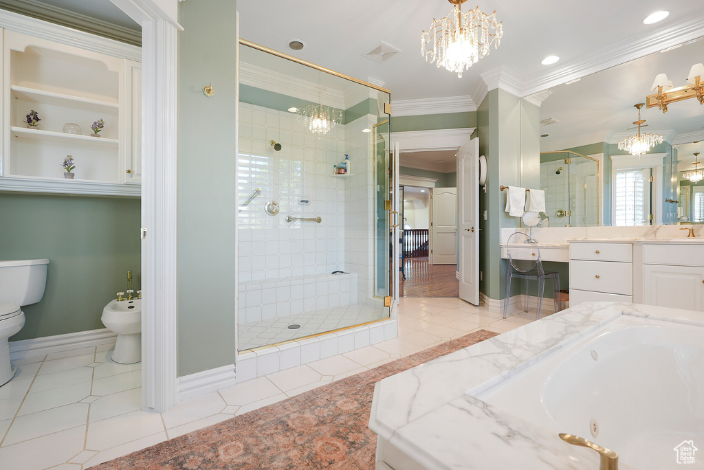 Full bath featuring a chandelier, crown molding, a shower stall, a bidet, and vanity