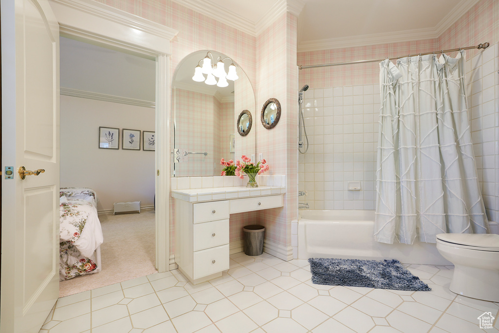 Full bathroom with shower / bathtub combination with curtain, toilet, ornamental molding, vanity, and tile patterned flooring