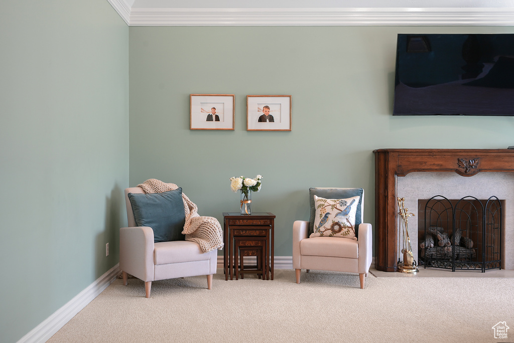 Sitting room with ornamental molding, carpet, a fireplace, and baseboards