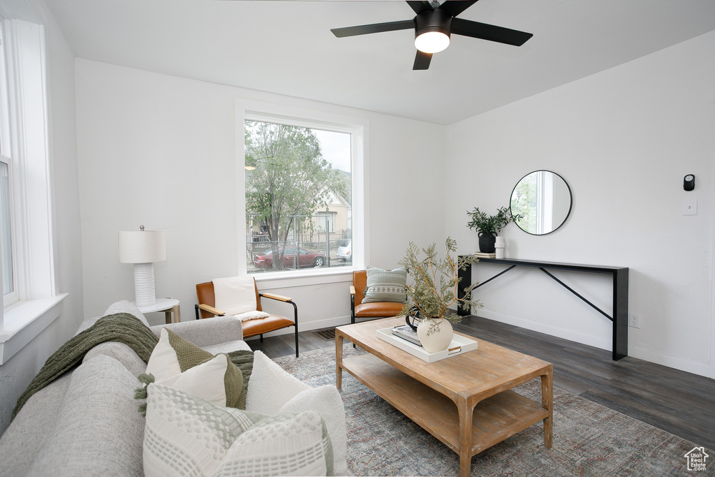 Living area featuring wood finished floors, a ceiling fan, and baseboards