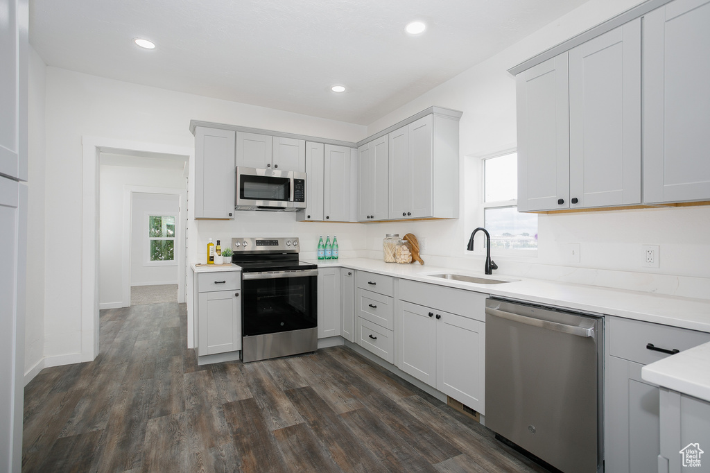Kitchen featuring appliances with stainless steel finishes, a sink, plenty of natural light, light countertops, and recessed lighting