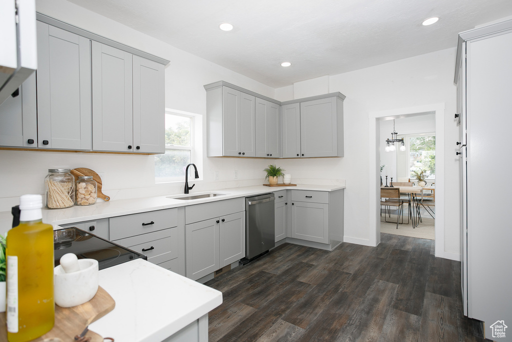 Kitchen with stainless steel dishwasher, a sink, gray cabinetry, dark wood-style flooring, and light countertops