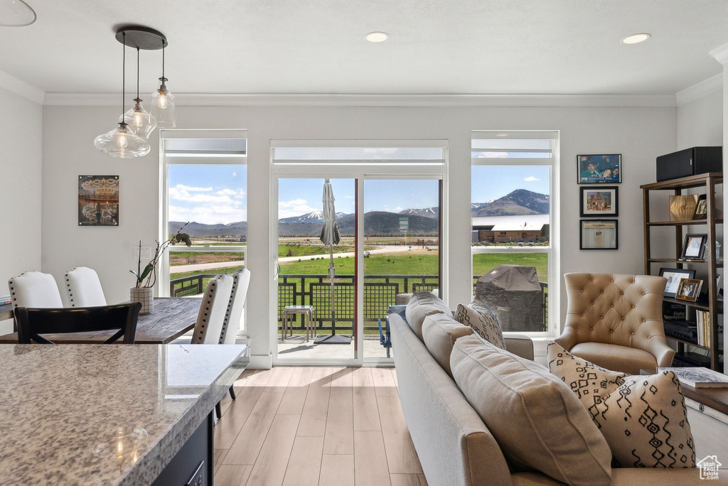 Living room featuring light wood-style floors, a mountain view, crown molding, and recessed lighting