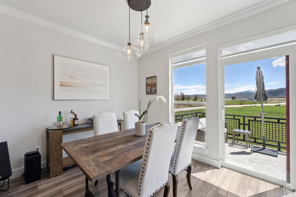 Dining space featuring ornamental molding and light wood finished floors