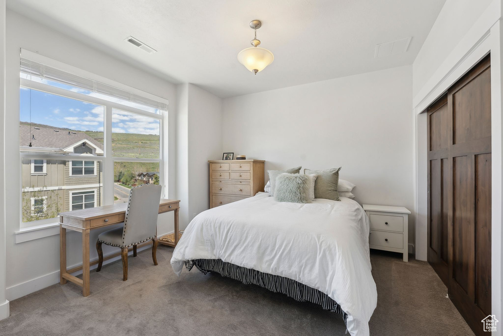 Bedroom with light carpet, multiple windows, and baseboards