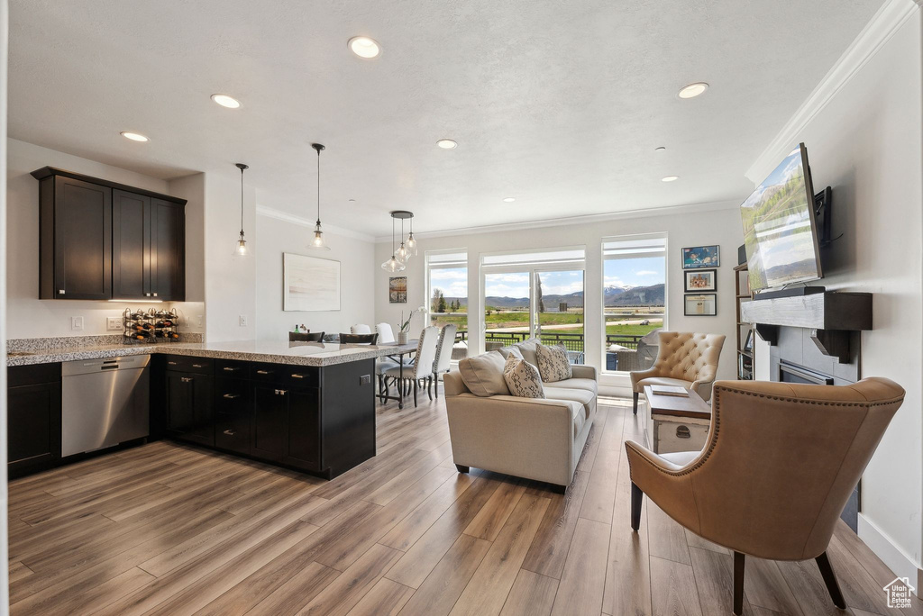 Living room featuring a fireplace, ornamental molding, light wood finished floors, a chandelier, and recessed lighting