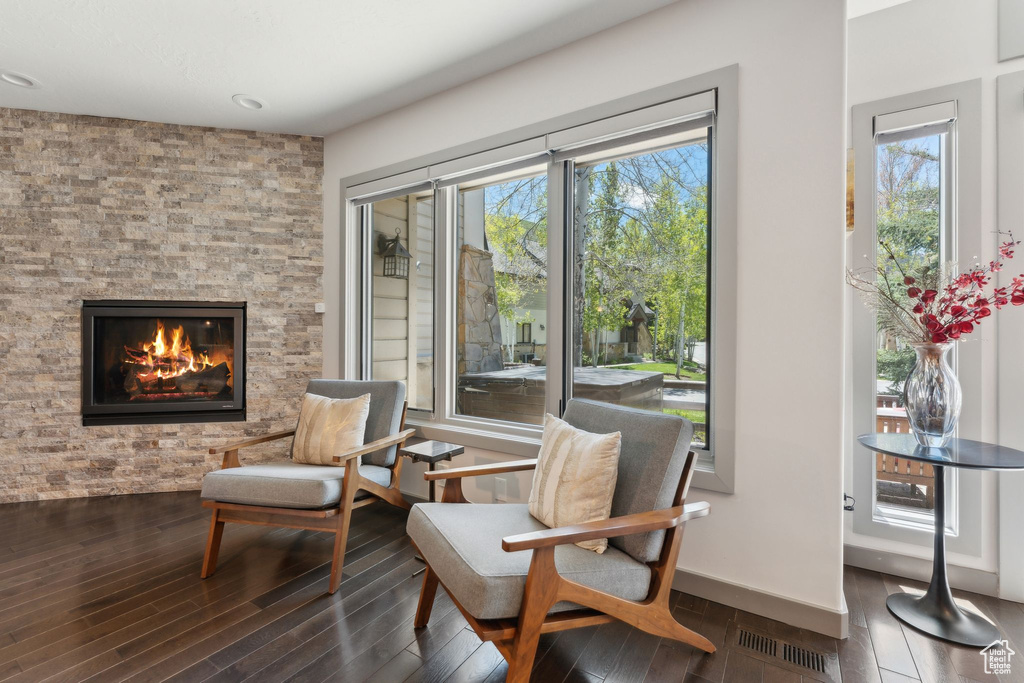 Sitting room featuring wood finished floors, a stone fireplace, healthy amount of natural light, and recessed lighting