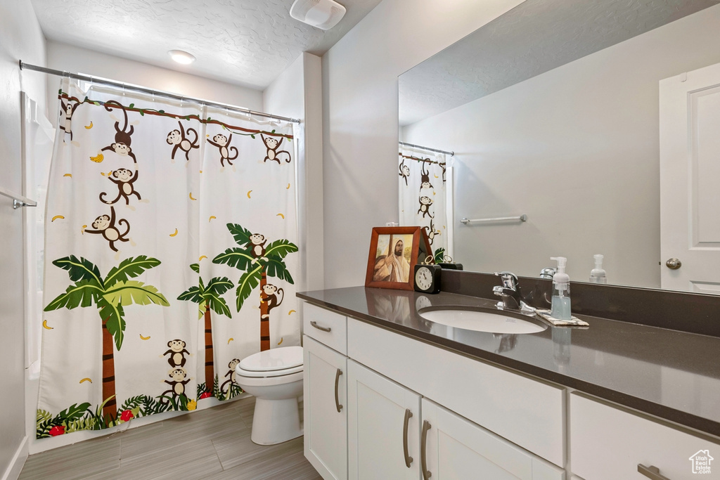 Bathroom featuring toilet, vanity, a textured ceiling, and a shower with shower curtain