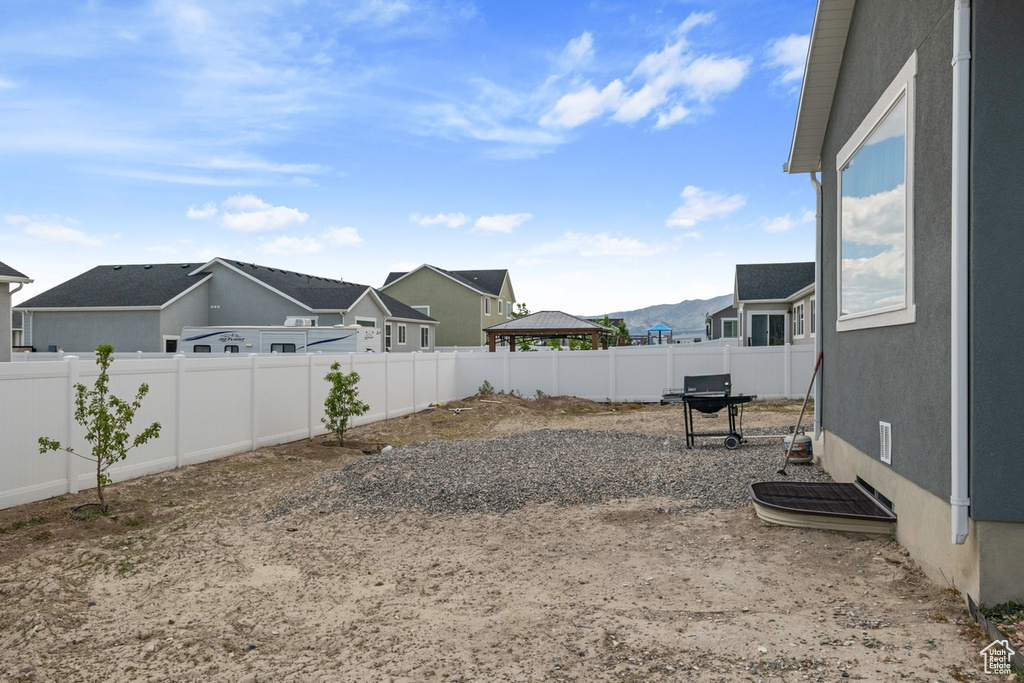 Fenced backyard featuring a residential view