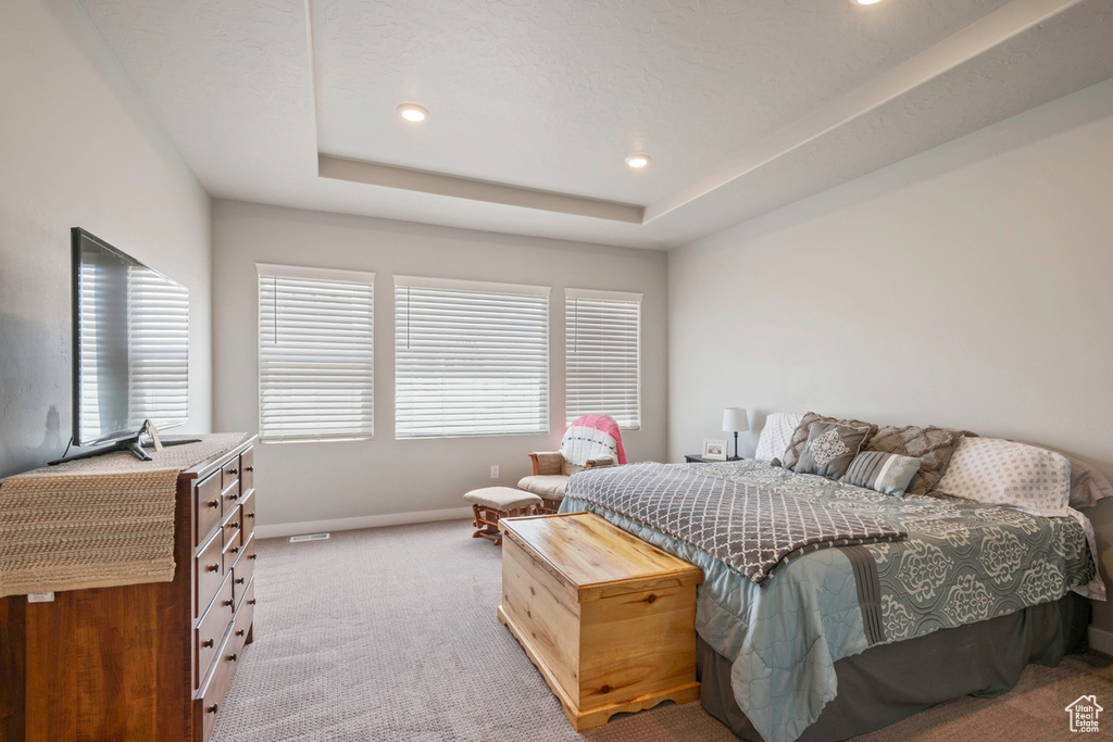 Bedroom with light colored carpet, baseboards, recessed lighting, and a raised ceiling