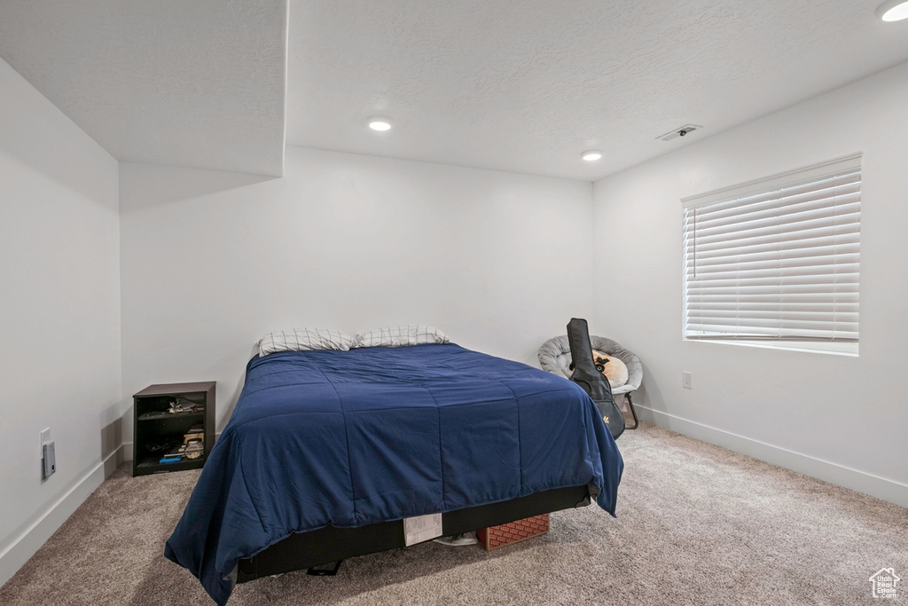 Bedroom with carpet flooring, baseboards, recessed lighting, and a textured ceiling