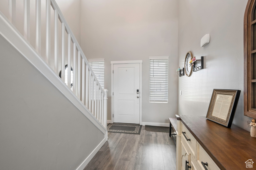 Entrance foyer with stairway, a high ceiling, healthy amount of natural light, and dark wood-style floors