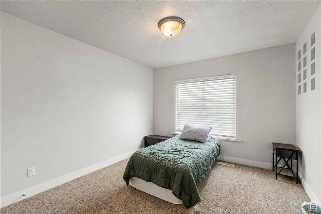 Bedroom with carpet flooring, a textured ceiling, and baseboards