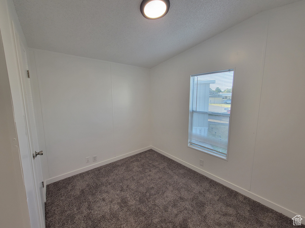Spare room featuring lofted ceiling, dark colored carpet, a textured ceiling, and baseboards