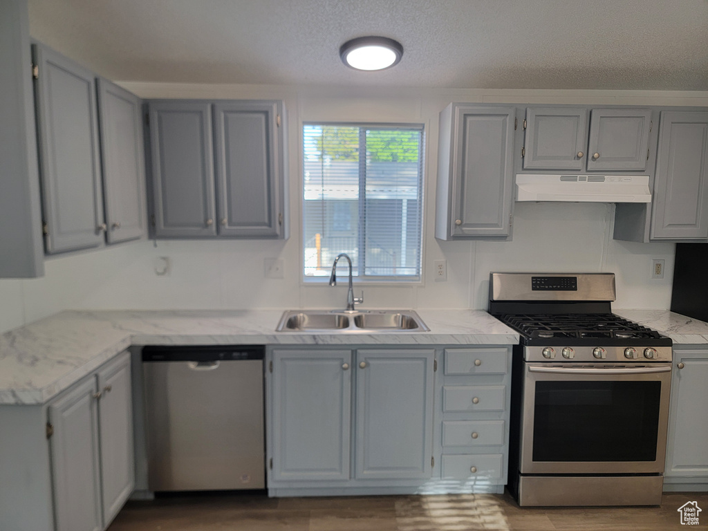 Kitchen featuring appliances with stainless steel finishes, under cabinet range hood, a sink, gray cabinets, and wood finished floors