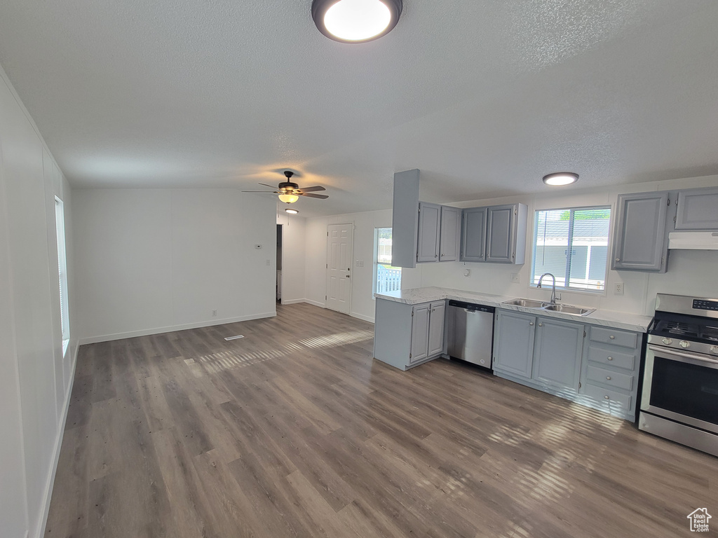 Kitchen with stainless steel appliances, a sink, gray cabinetry, light countertops, and dark wood finished floors