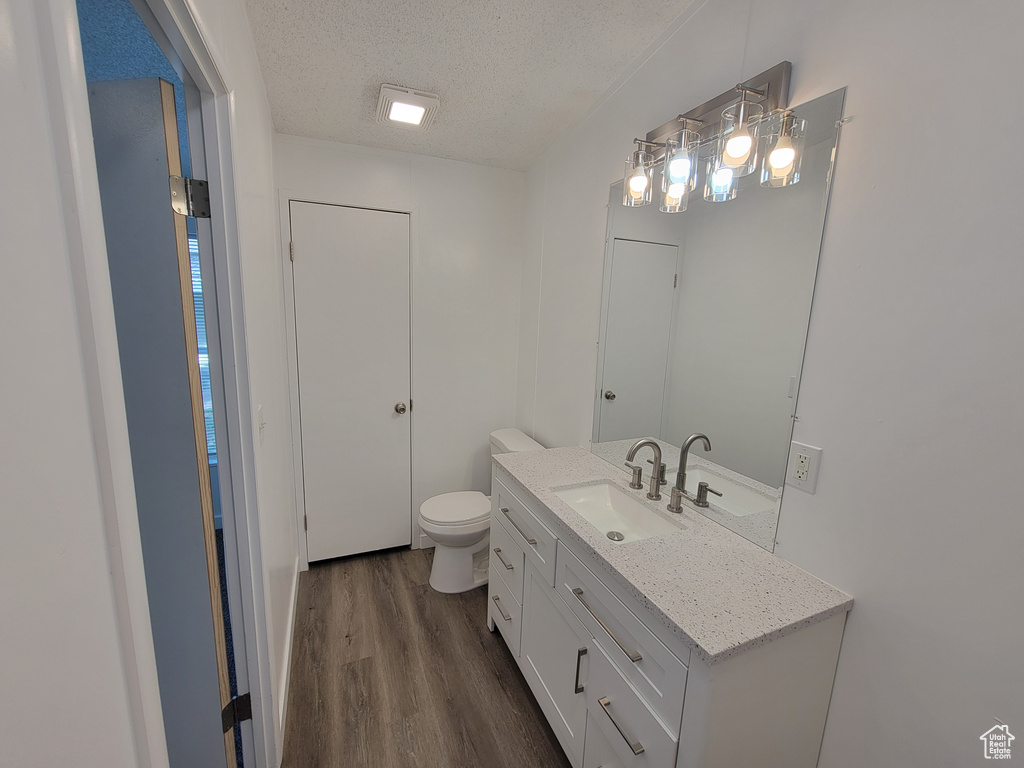 Bathroom featuring wood finished floors, vanity, a textured ceiling, and toilet