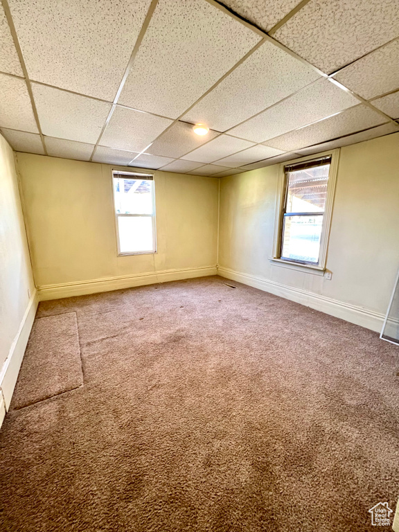 Unfurnished room featuring a paneled ceiling, carpet flooring, and baseboards
