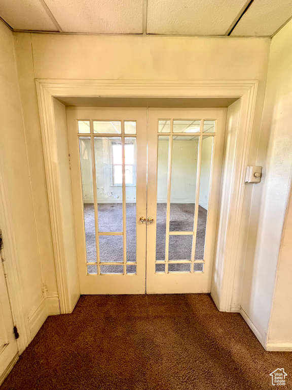 Detailed view of carpet floors and french doors