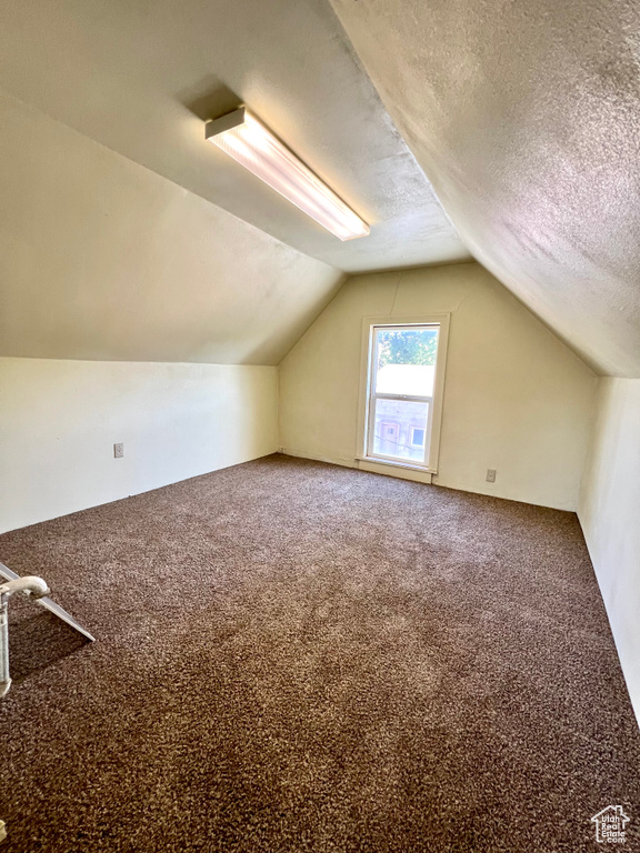Additional living space with lofted ceiling, carpet flooring, and a textured ceiling