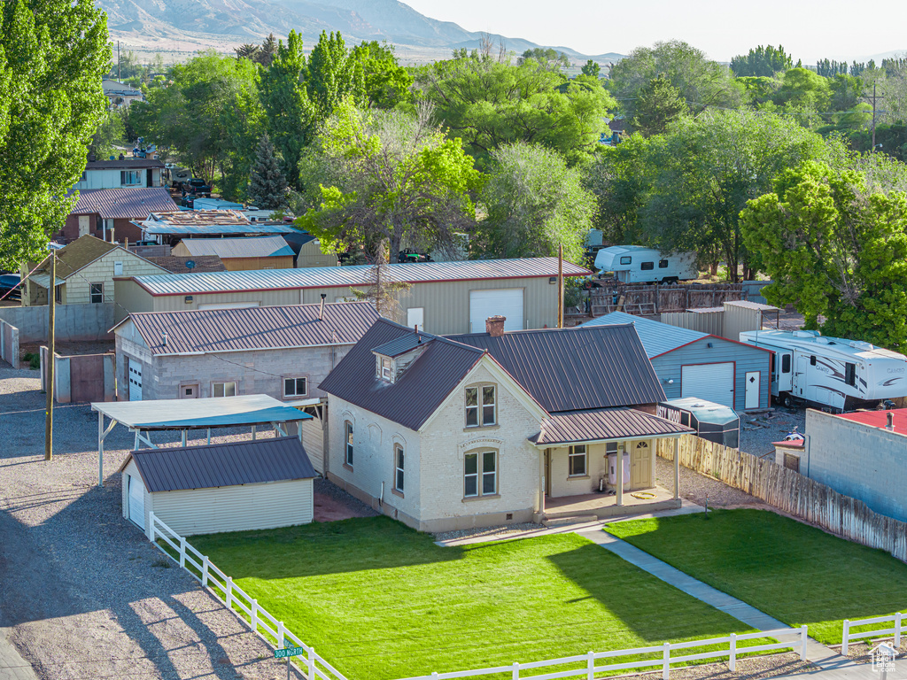 View from above of property featuring a mountainous background