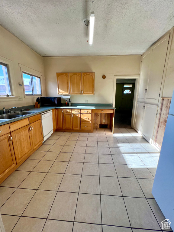 Kitchen featuring white dishwasher, a textured ceiling, light tile patterned floors, and a sink