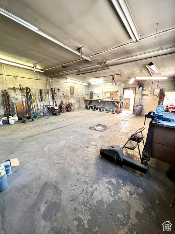 Garage featuring a workshop area