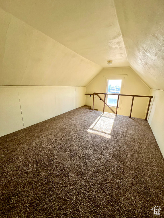 Additional living space featuring lofted ceiling, carpet, and a textured ceiling