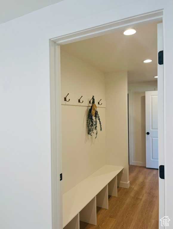 Mudroom featuring light wood-style floors and recessed lighting