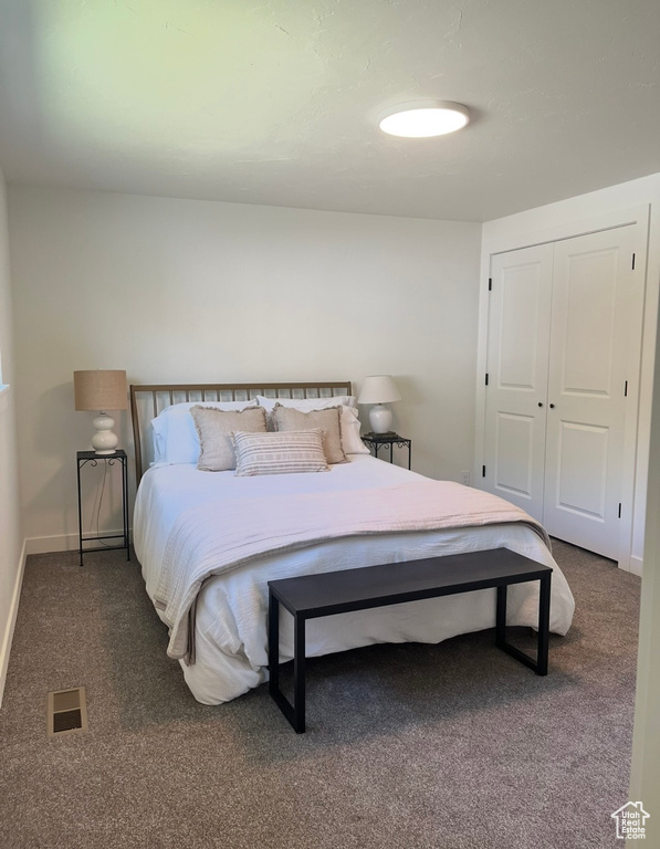 Bedroom featuring carpet flooring and a closet