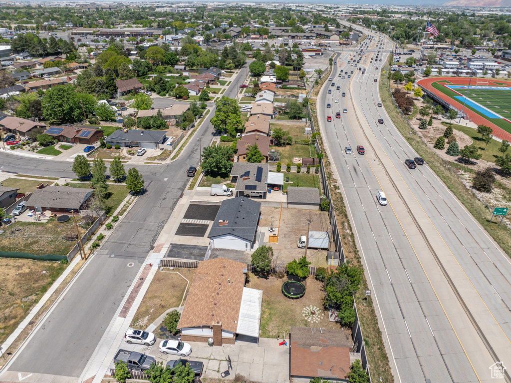 Aerial view of residential area with a main thoroughfare