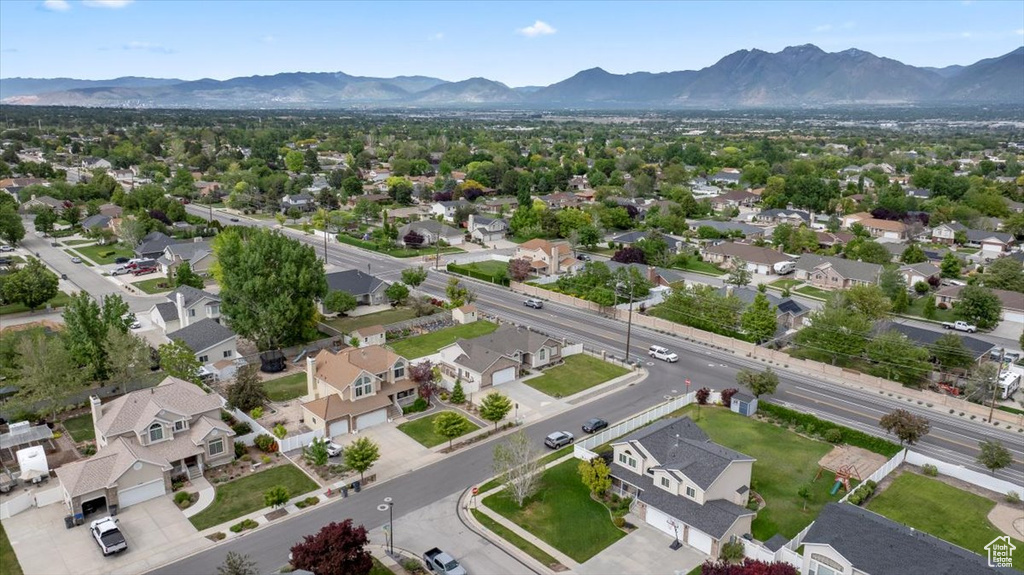 Aerial view of residential area with mountains