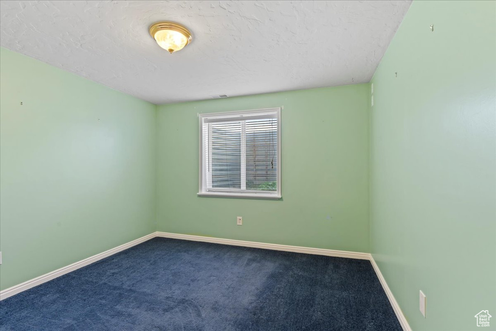 Empty room with carpet, a textured ceiling, and baseboards
