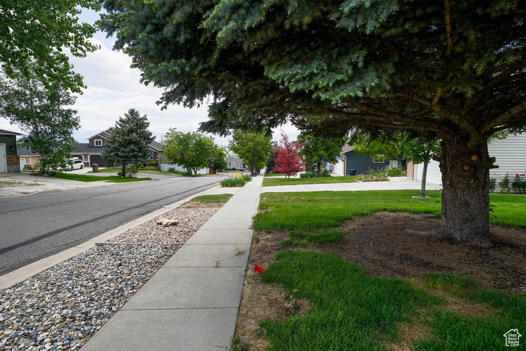 View of asphalt road featuring sidewalks and a residential view