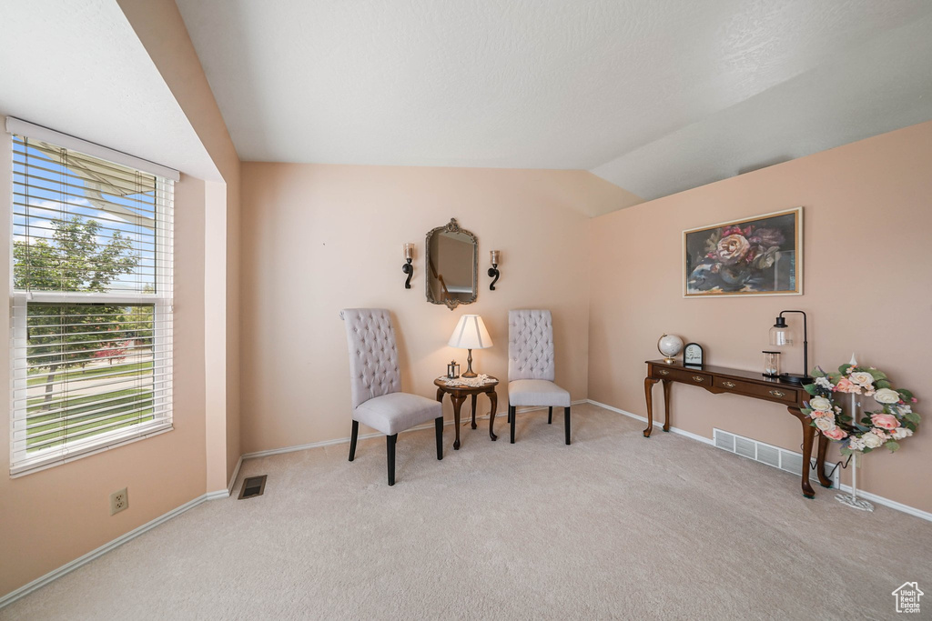Living area with light colored carpet, lofted ceiling, and baseboards