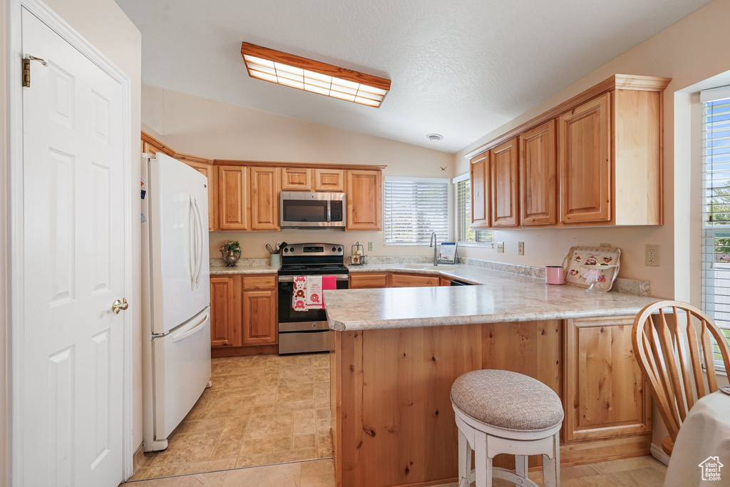 Kitchen with appliances with stainless steel finishes, a peninsula, lofted ceiling, light countertops, and a sink