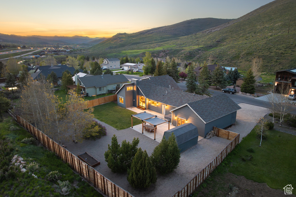 View from above of property featuring a mountain backdrop