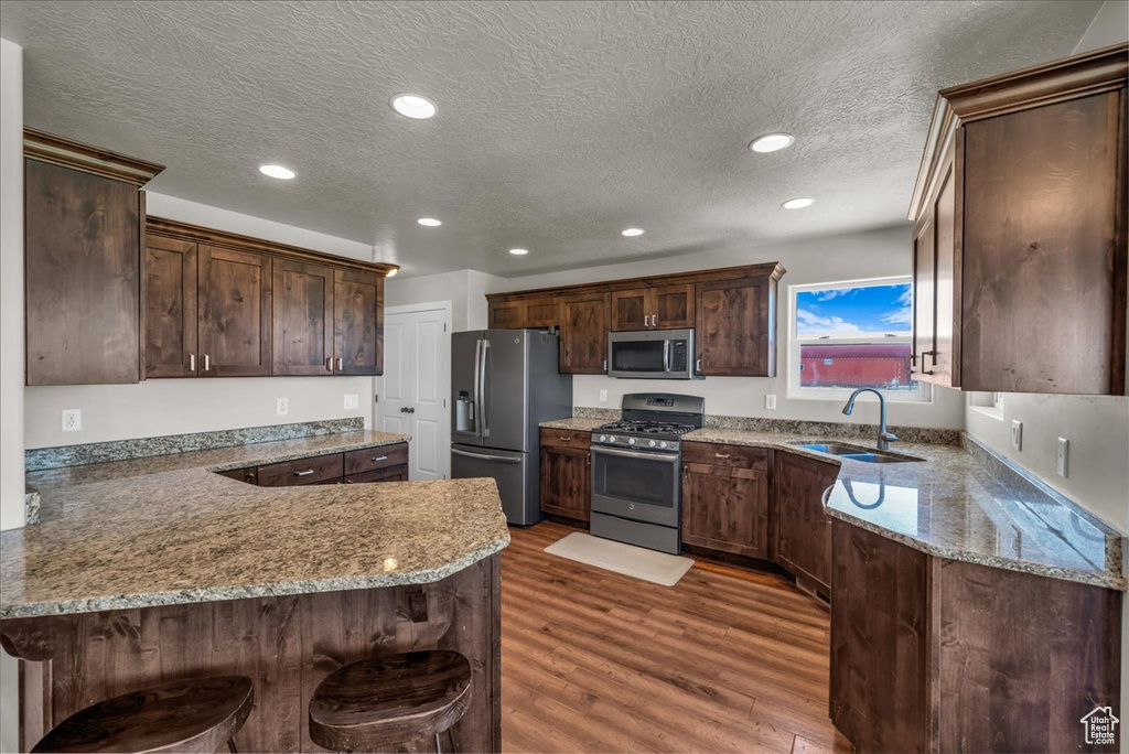 Kitchen with appliances with stainless steel finishes, a sink, a peninsula, wood finished floors, and light stone countertops