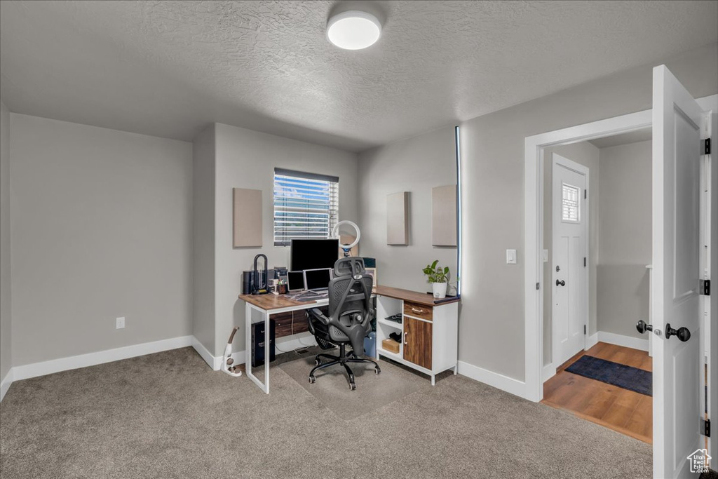 Home office featuring baseboards, a textured ceiling, and carpet