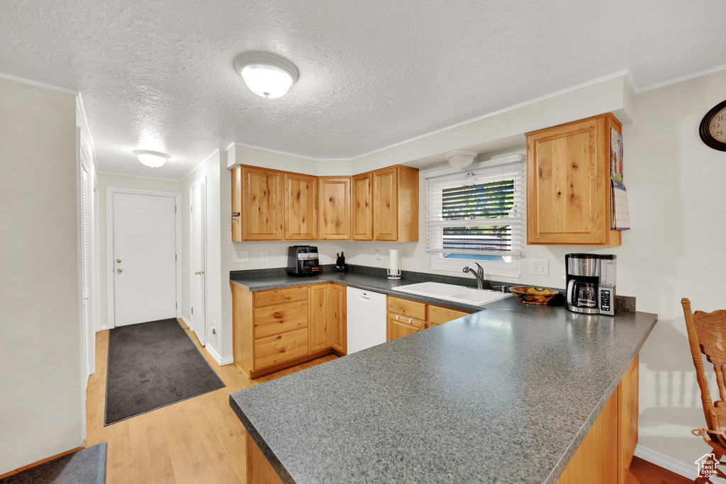 Kitchen with white dishwasher, light wood-type flooring, a sink, a peninsula, and dark countertops