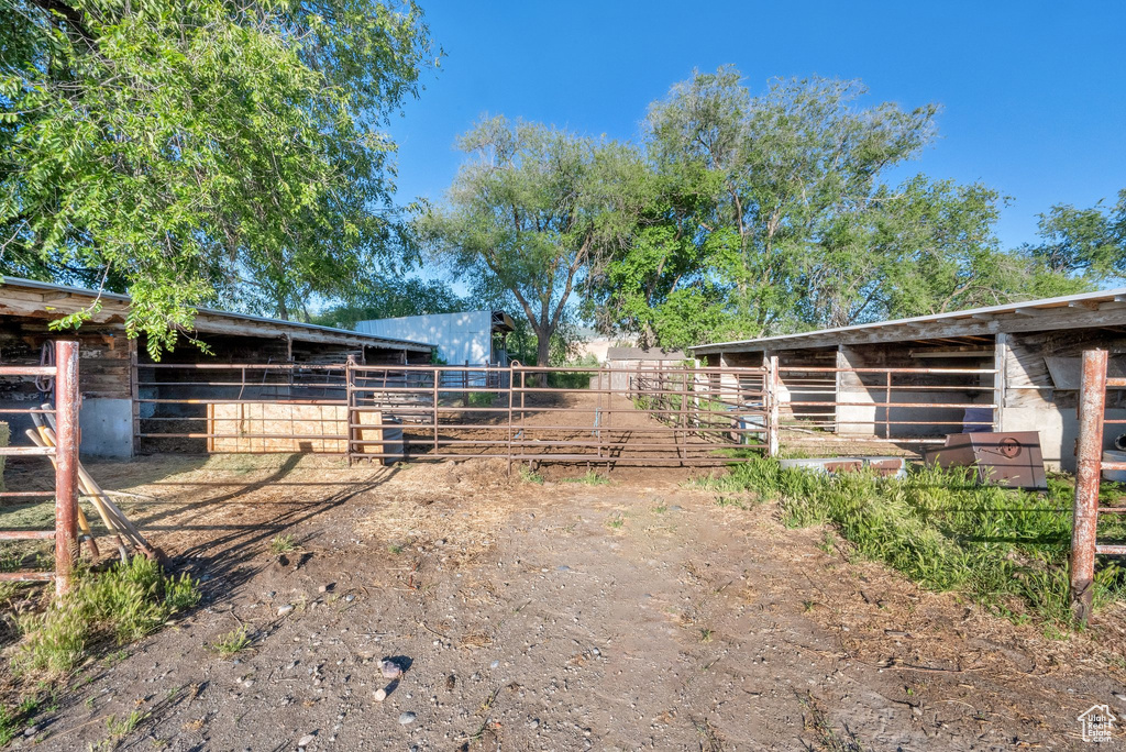 View of yard featuring an exterior structure and an outbuilding