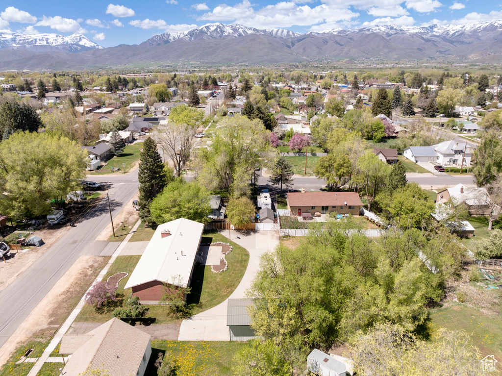 Aerial view of residential area with mountains