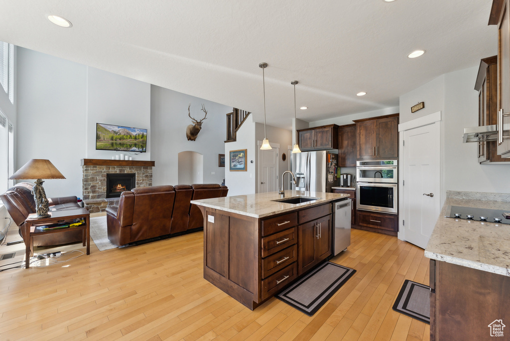 Kitchen with appliances with stainless steel finishes, light wood finished floors, dark brown cabinetry, a sink, and a fireplace