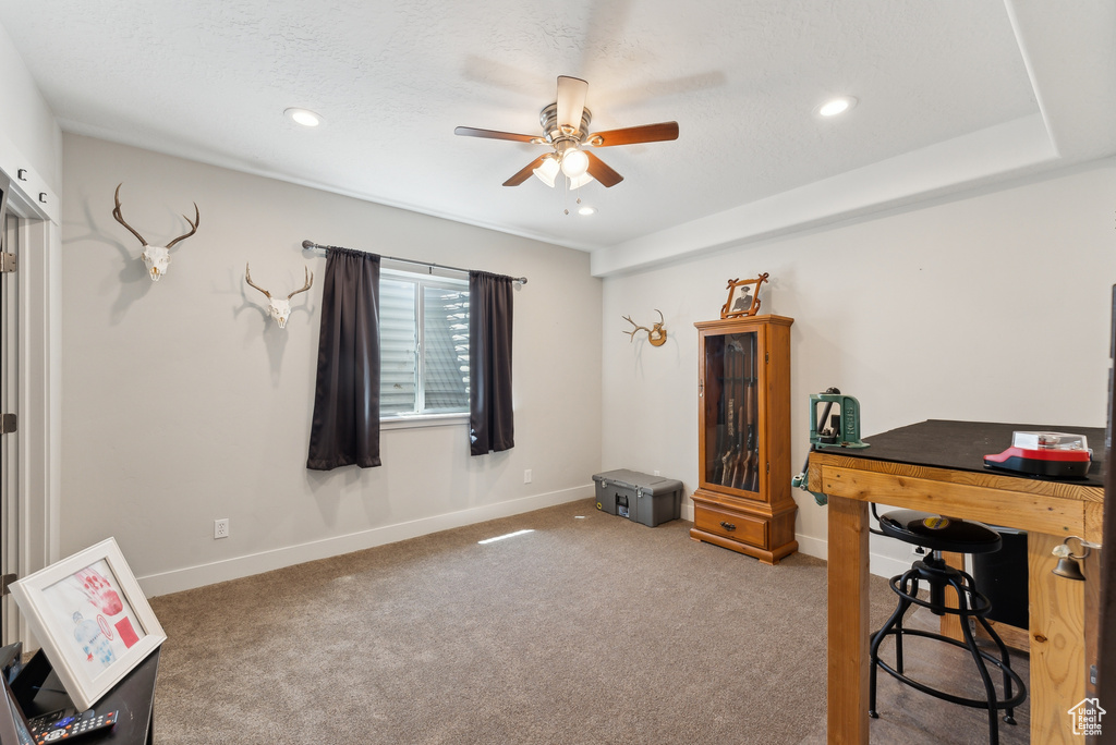 Rec room with a ceiling fan, carpet floors, baseboards, and recessed lighting