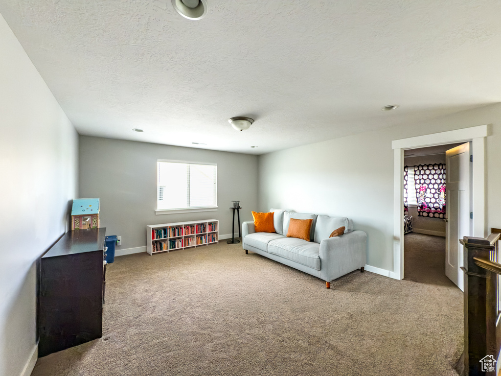 Living area with carpet flooring, a textured ceiling, and baseboards