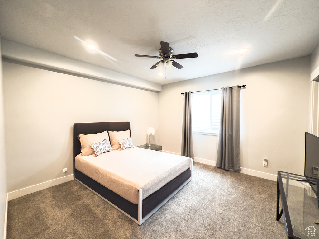 Bedroom with carpet, baseboards, recessed lighting, and ceiling fan