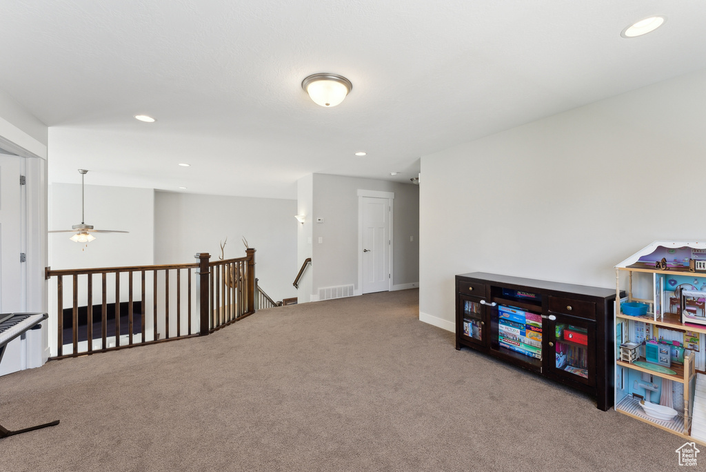 Rec room featuring carpet floors, a ceiling fan, and recessed lighting