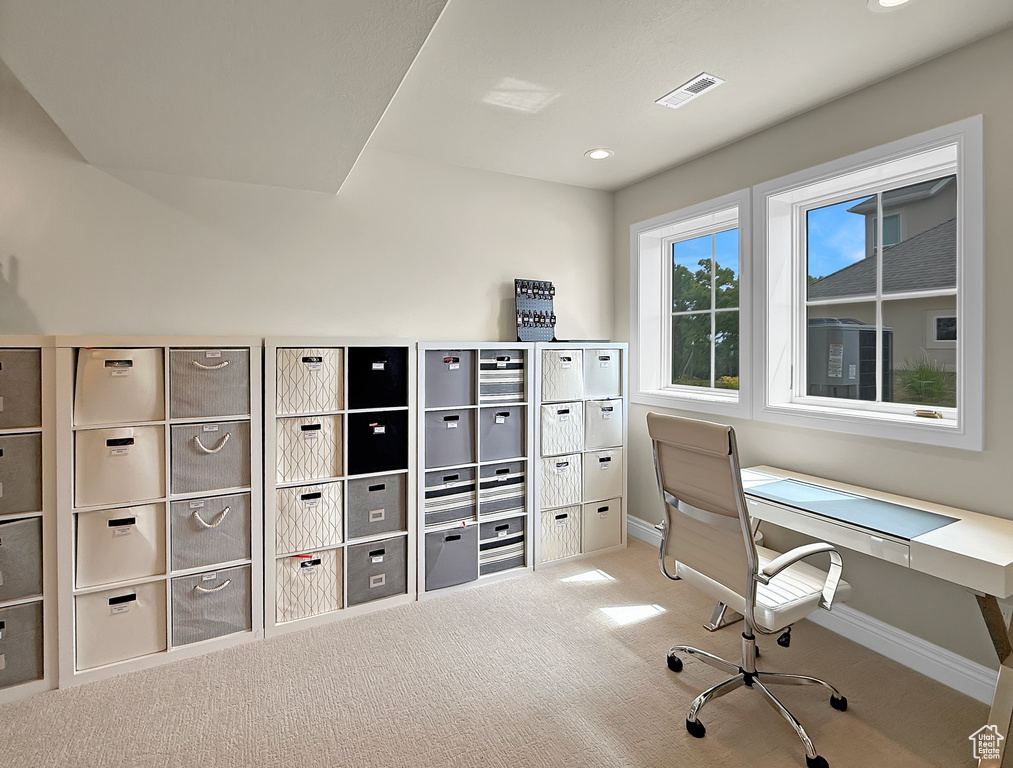 Office area featuring carpet, baseboards, and recessed lighting